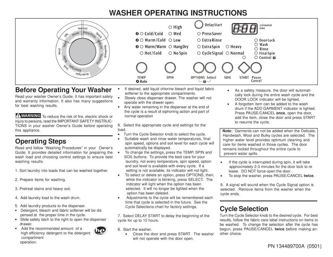 Frigidaire 134489700A (0501) operating instructions Before Operating Your Washer, Operating Steps, Cycle Selection 