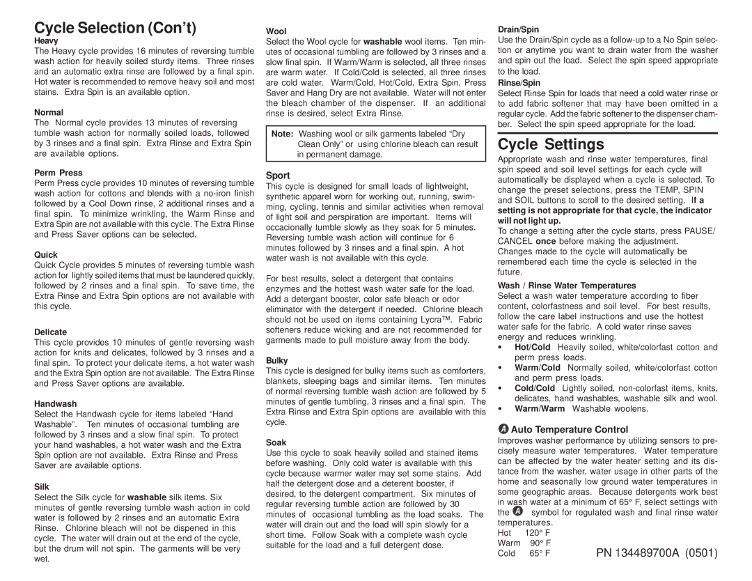 Frigidaire 134489700A (0501) operating instructions Cycle Selection Con’t, Cycle Settings 