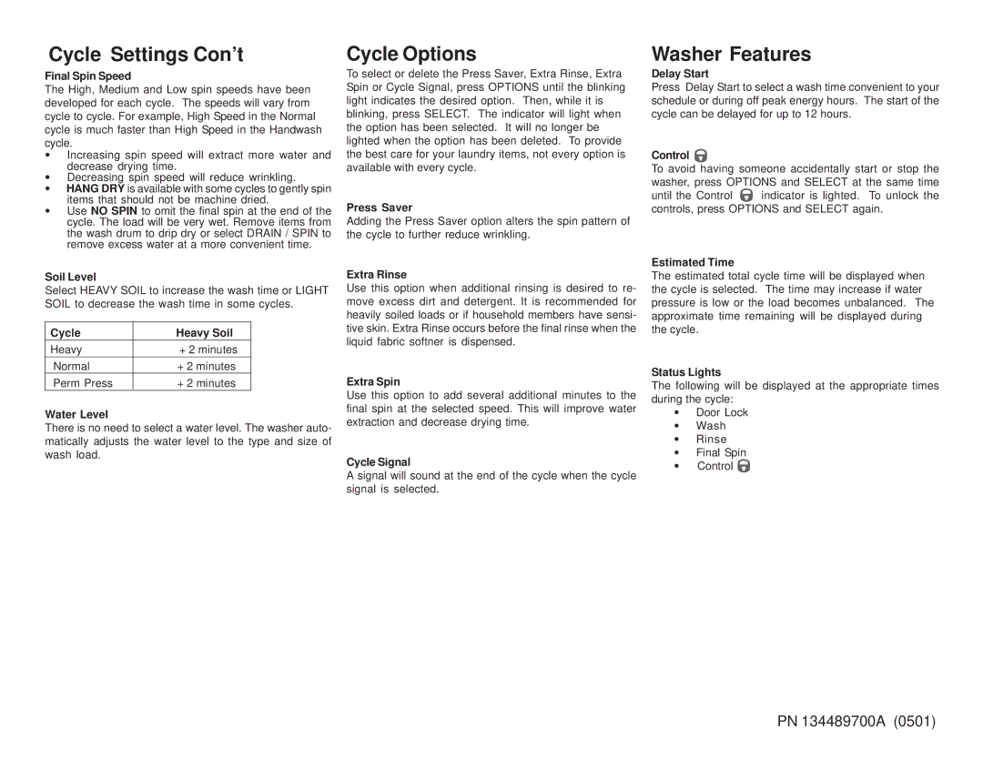 Frigidaire 134489700A (0501) operating instructions Cycle Settings Con’t, Cycle Options, Washer Features 