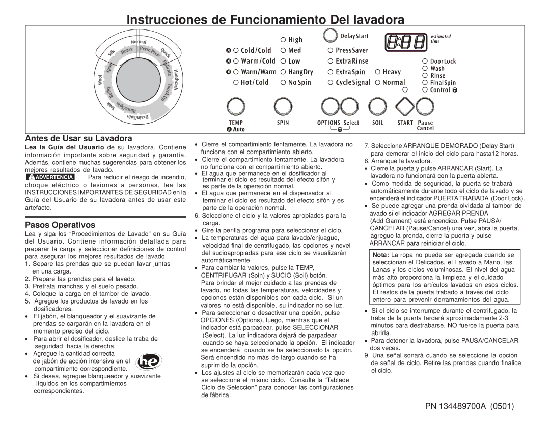 Frigidaire 134489700A (0501) operating instructions Antes de Usar su Lavadora, Pasos Operativos 