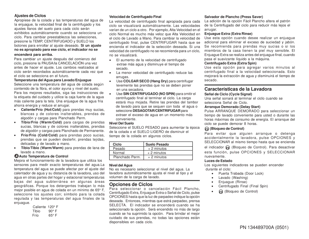 Frigidaire 134489700A (0501) operating instructions Opciones de Ciclos, Características de la Lavadora 