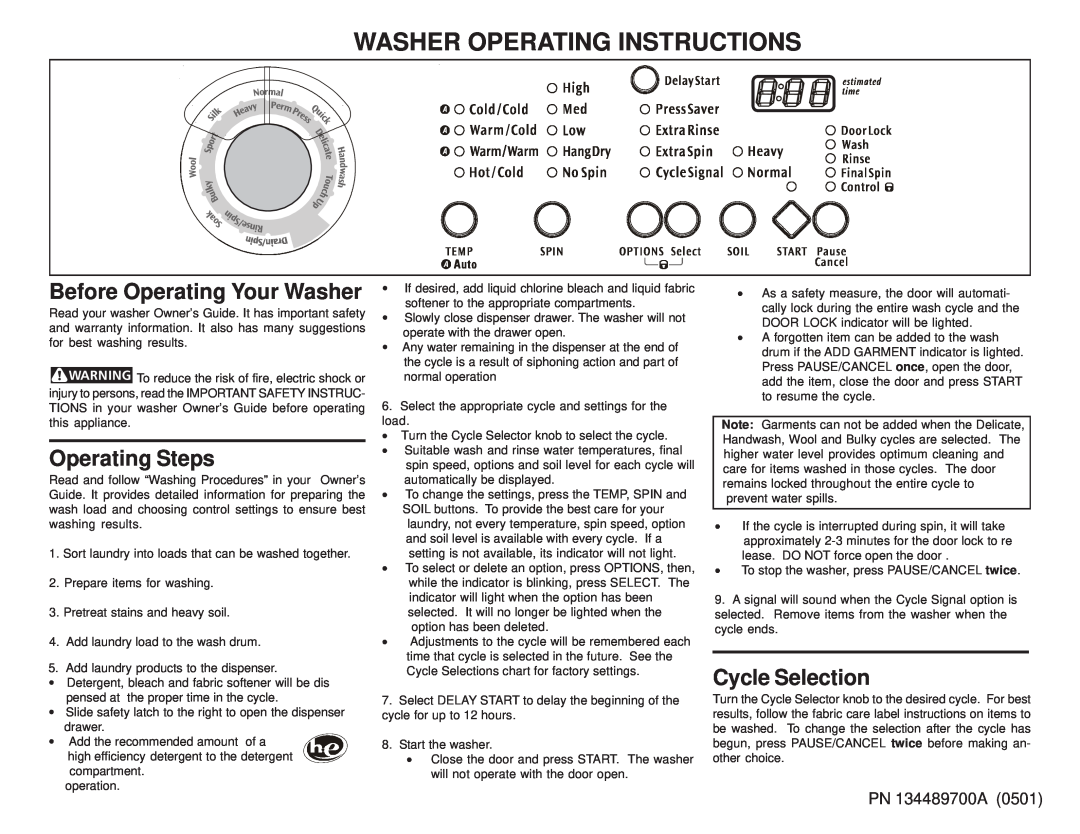 Frigidaire 134489700A (0501) operating instructions Washer Operating Instructions, Before Operating Your Washer 