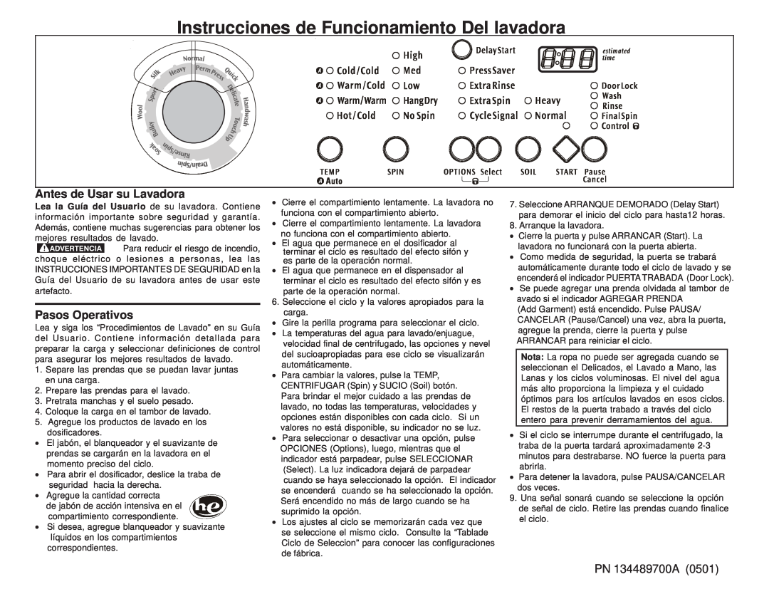 Frigidaire 134489700A (0501) Instrucciones de Funcionamiento Del lavadora, Antes de Usar su Lavadora, Pasos Operativos 