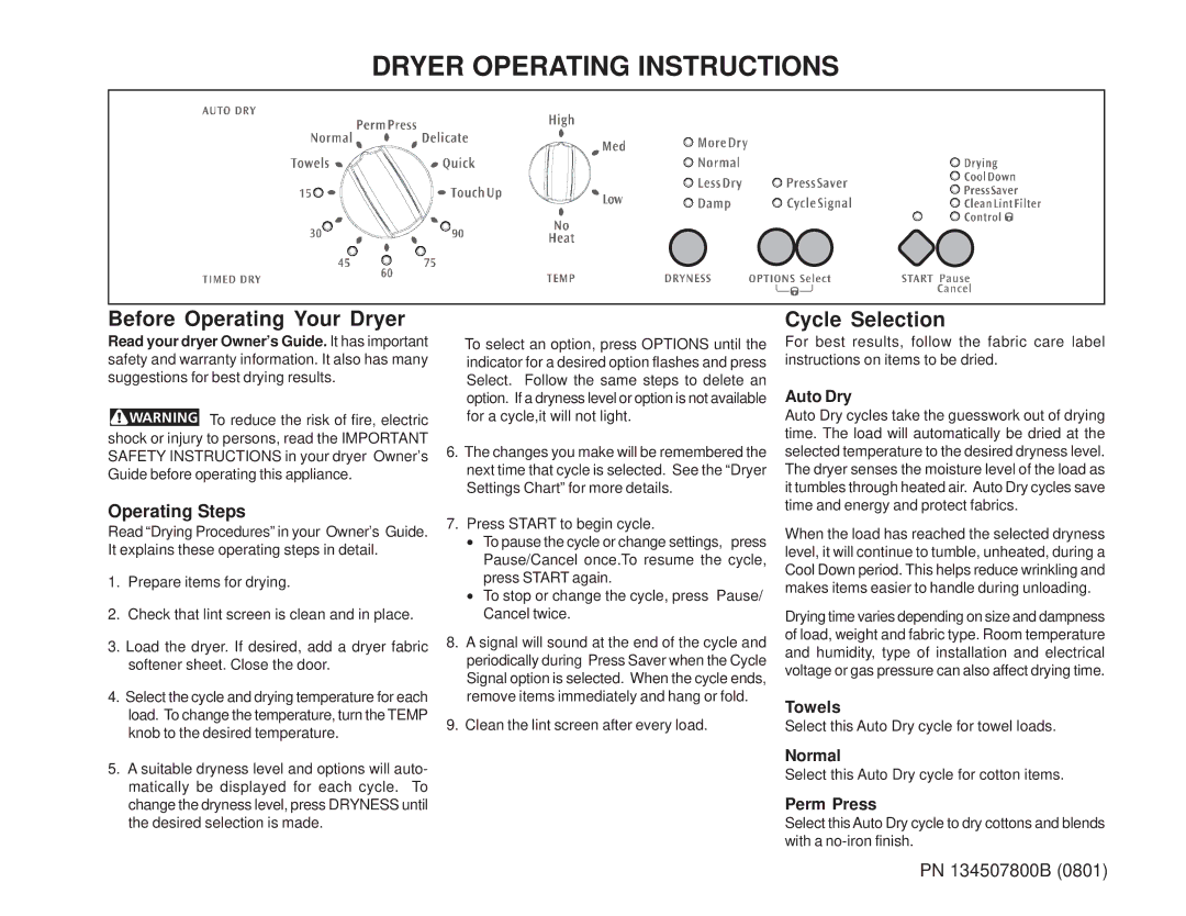 Frigidaire 134507800B operating instructions Dryer Operating Instructions, Before Operating Your Dryer Cycle Selection 