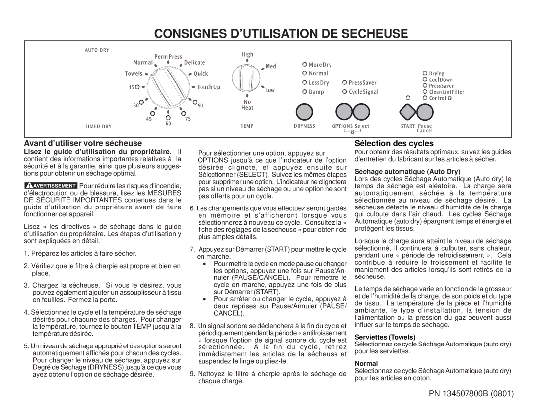 Frigidaire 134507800B Consignes D’UTILISATION DE Secheuse, Avant d’utiliser votre sécheuse, Sélection des cycles, Normal 