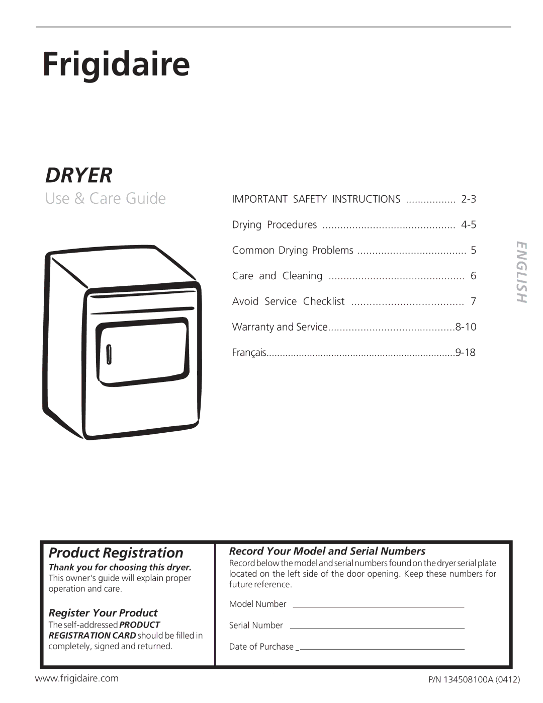 Frigidaire 134508100A important safety instructions Table of Contents, Product Registration 