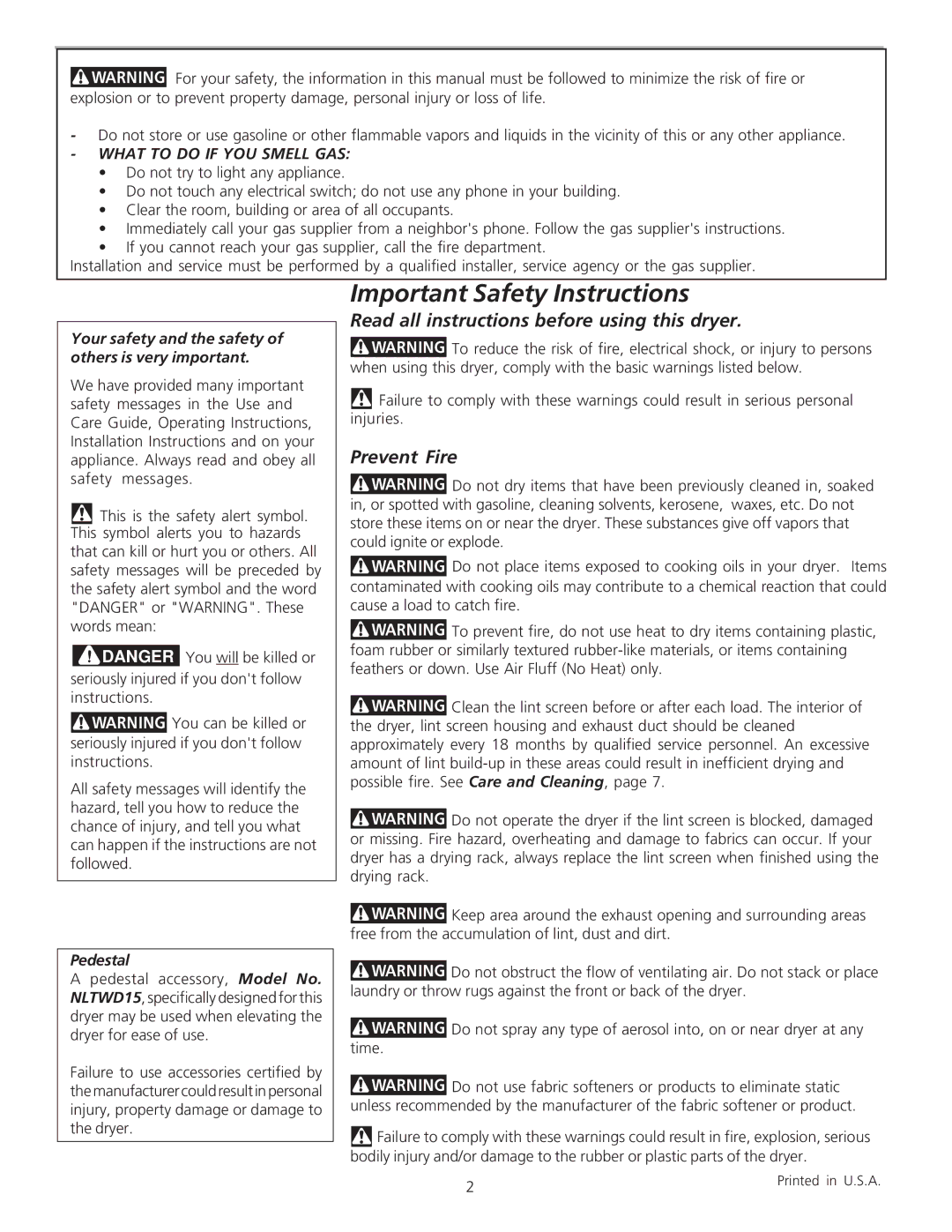 Frigidaire 134508100A Important Safety Instructions, Read all instructions before using this dryer, Prevent Fire 