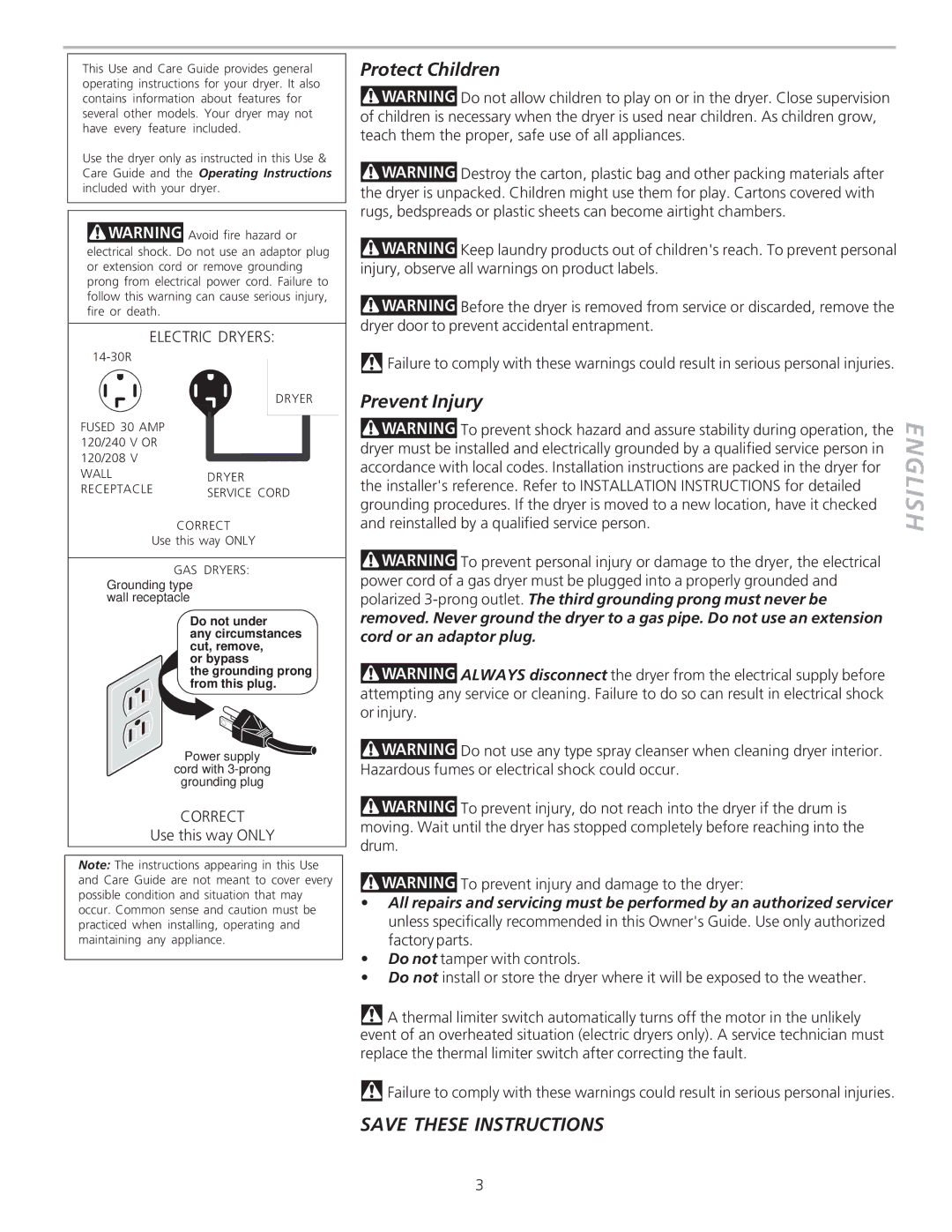 Frigidaire 134508100A important safety instructions Protect Children, Prevent Injury 