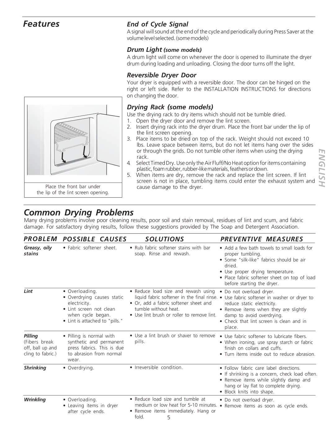 Frigidaire 134508100A Features, Common Drying Problems, End of Cycle Signal, Reversible Dryer Door 