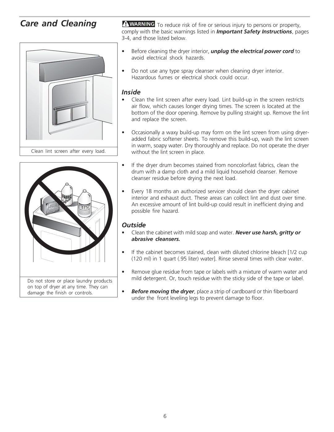 Frigidaire 134508100A important safety instructions Care and Cleaning, Inside, Outside 