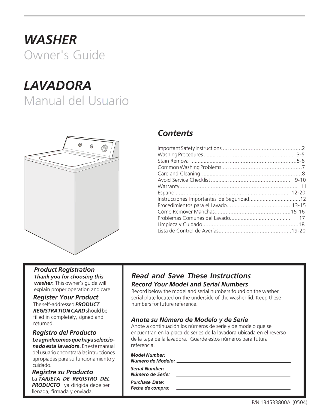 Frigidaire 134533800A important safety instructions Lavadora, Contents 