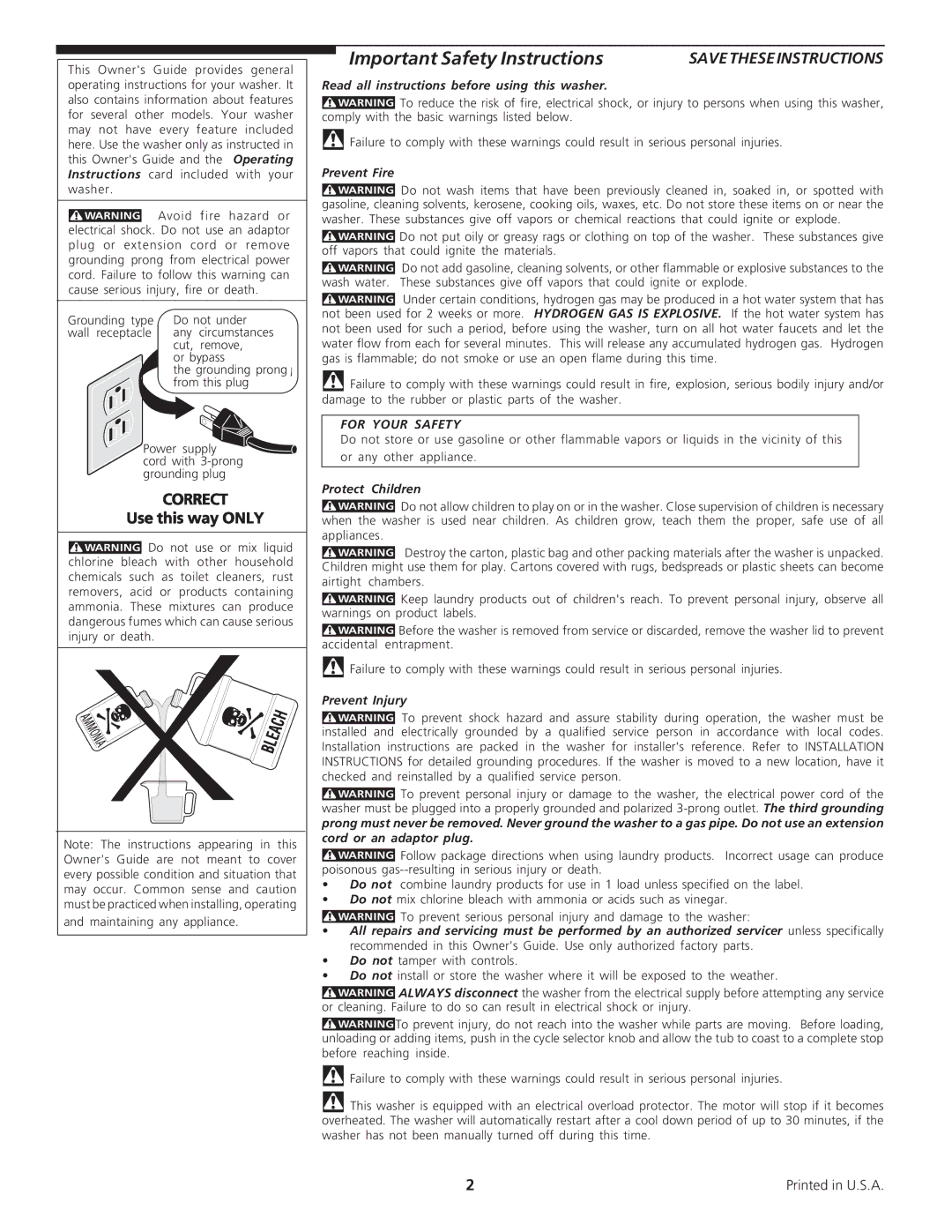 Frigidaire 134533800A Important Safety Instructions, Read all instructions before using this washer, Prevent Fire 