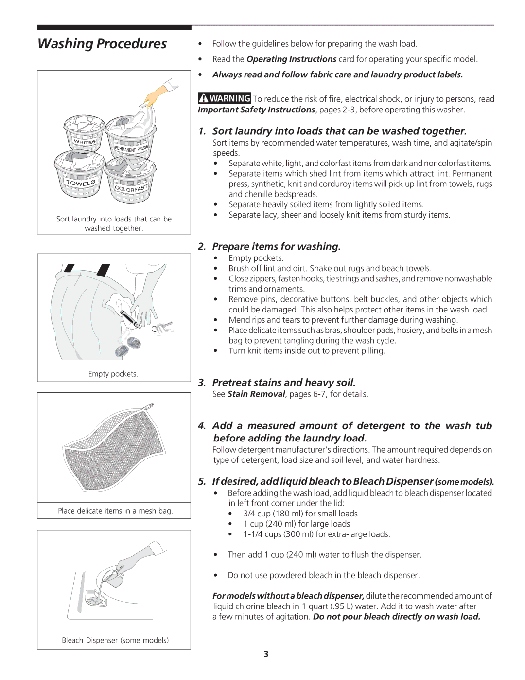 Frigidaire 134533800A Washing Procedures, Sort laundry into loads that can be washed together, Prepare items for washing 