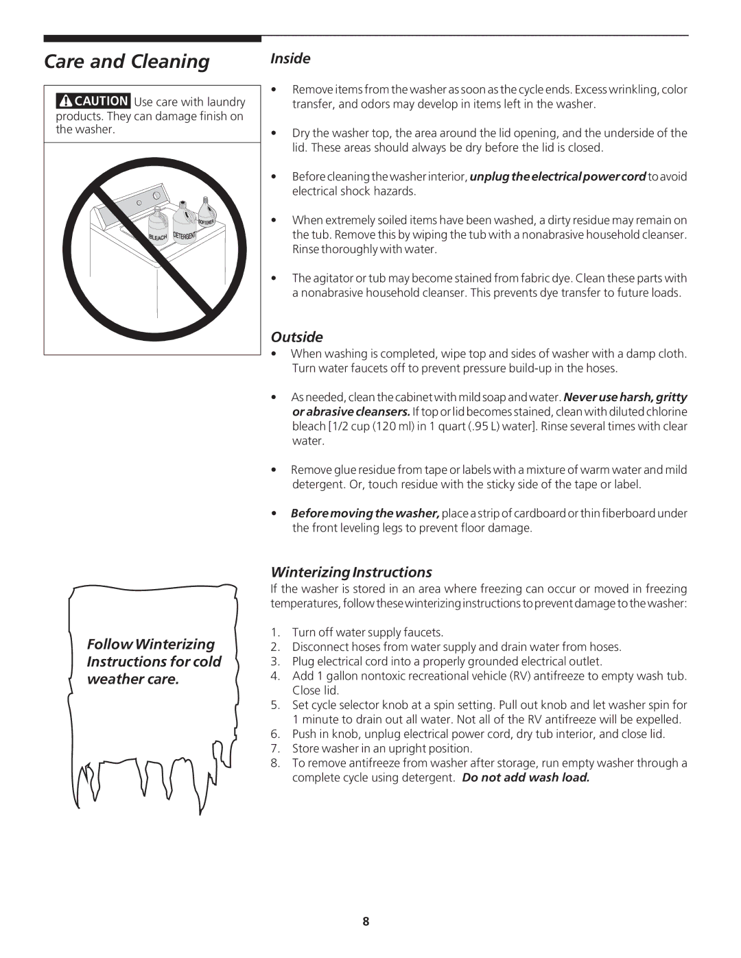 Frigidaire 134533800A important safety instructions Care and Cleaning, Outside, Winterizing Instructions 