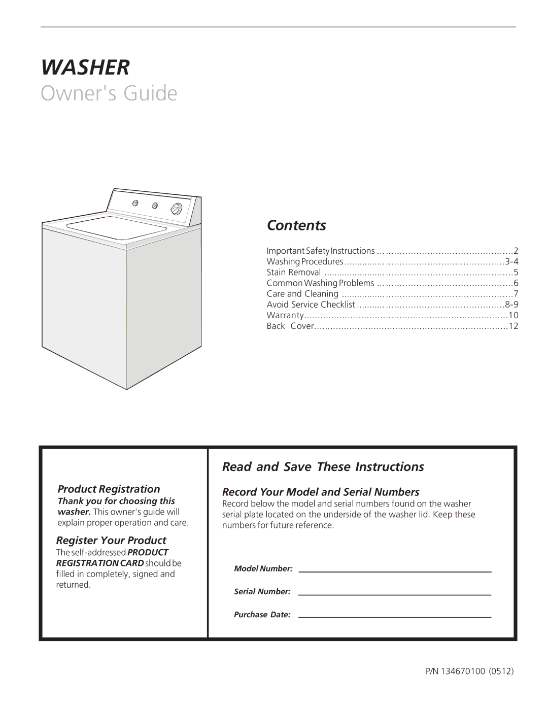 Frigidaire 134670100 important safety instructions Washer, Contents 