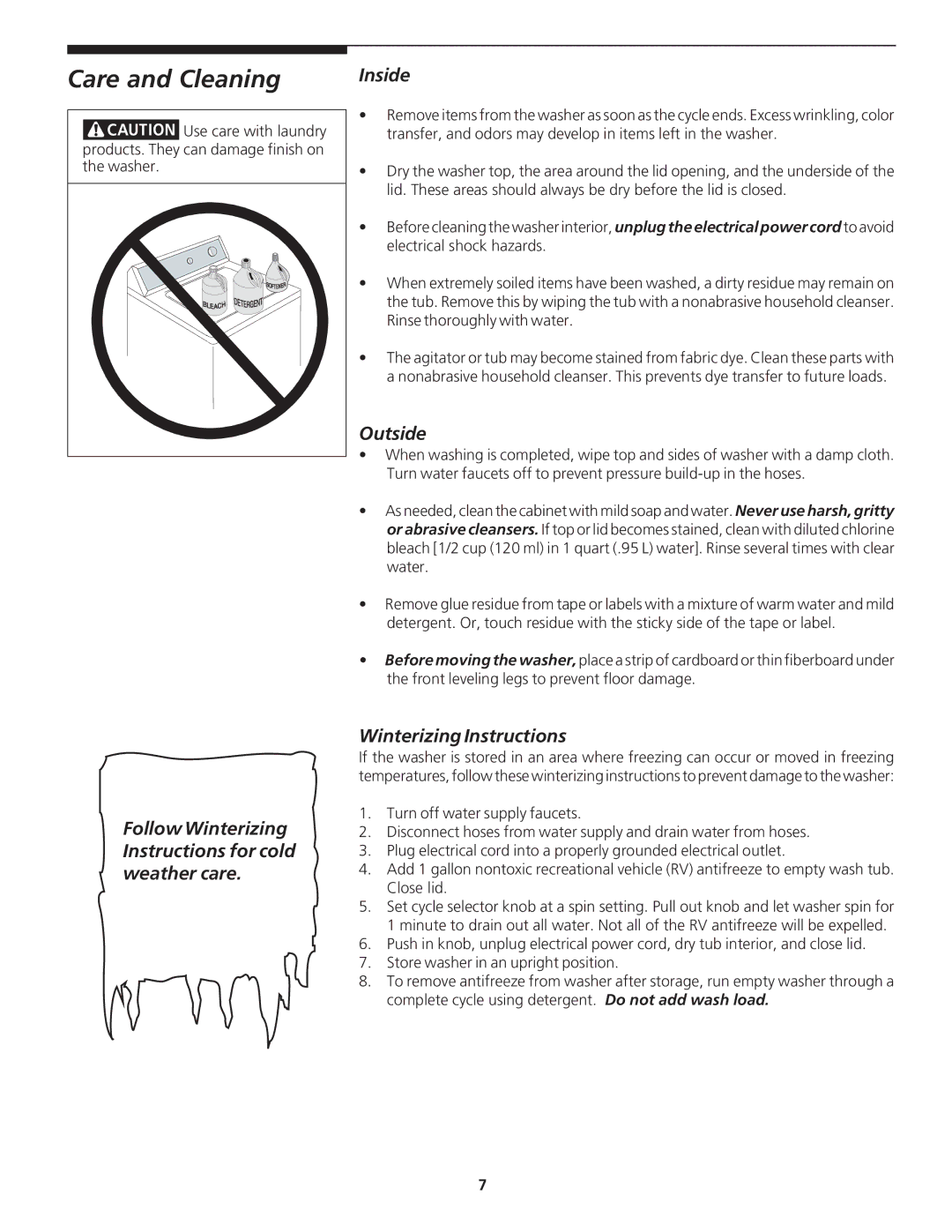 Frigidaire 134670100 important safety instructions Care and Cleaning, Outside, Winterizing Instructions 