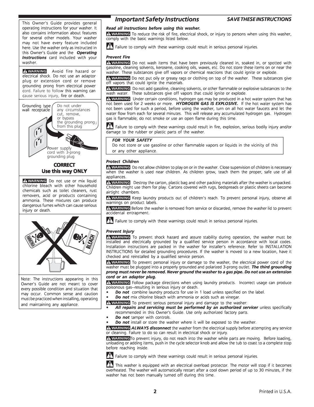 Frigidaire 134670100 Important Safety Instructions, CORRECT Use this way ONLY, Grounding type, Do nott u nder, or by pass 