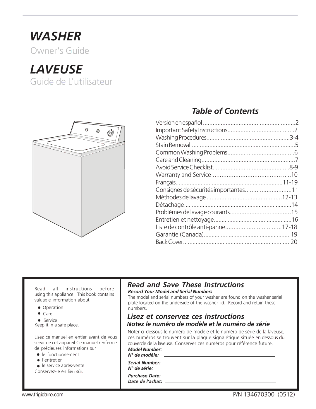 Frigidaire 134670300 important safety instructions Laveuse, Table of Contents 