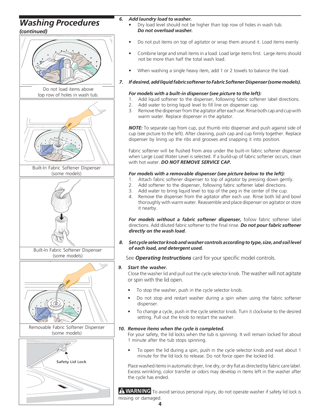 Frigidaire 134670300 important safety instructions Add laundry load to washer, Do not overload washer, Start the washer 