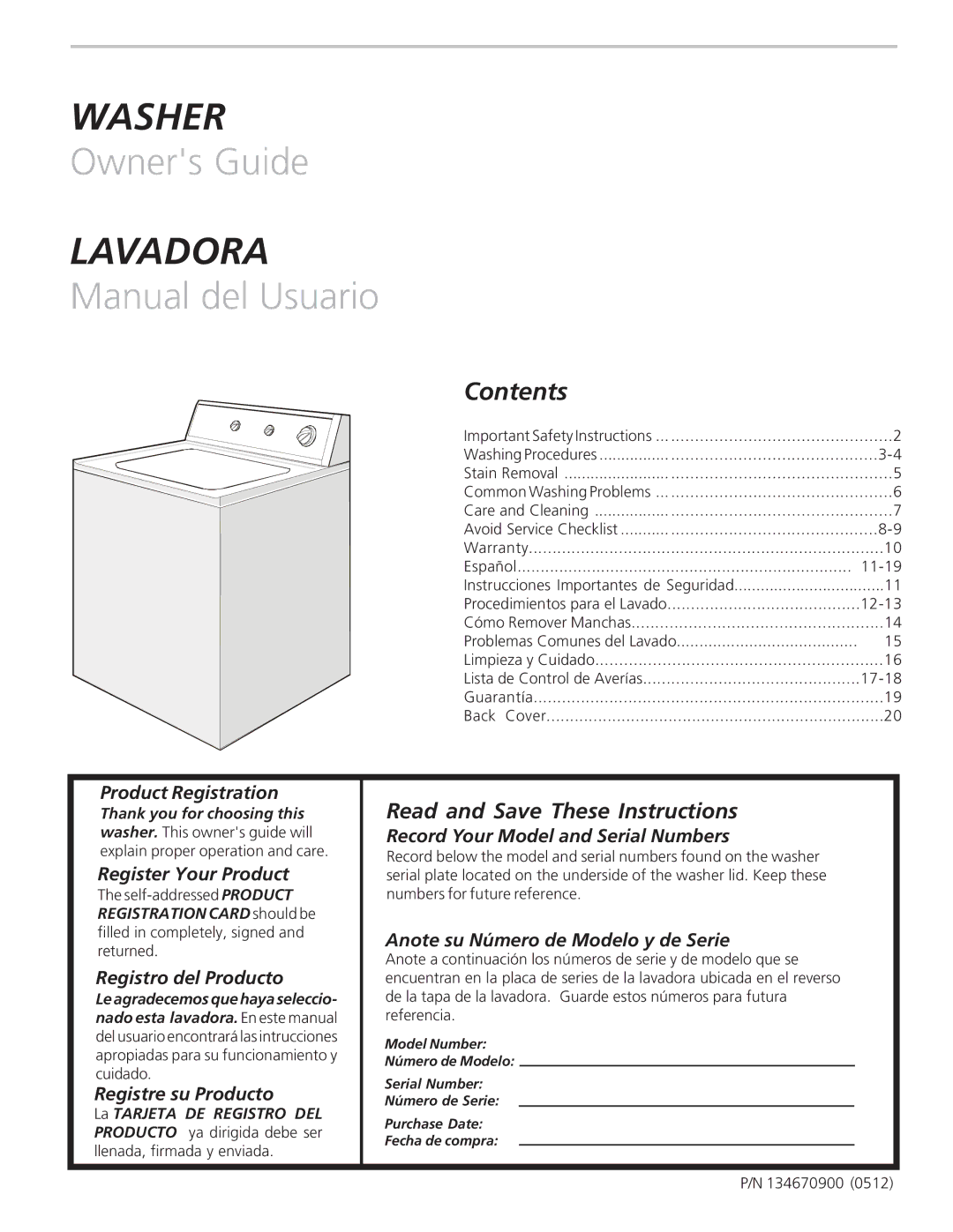 Frigidaire 134670900 important safety instructions Lavadora, Contents 