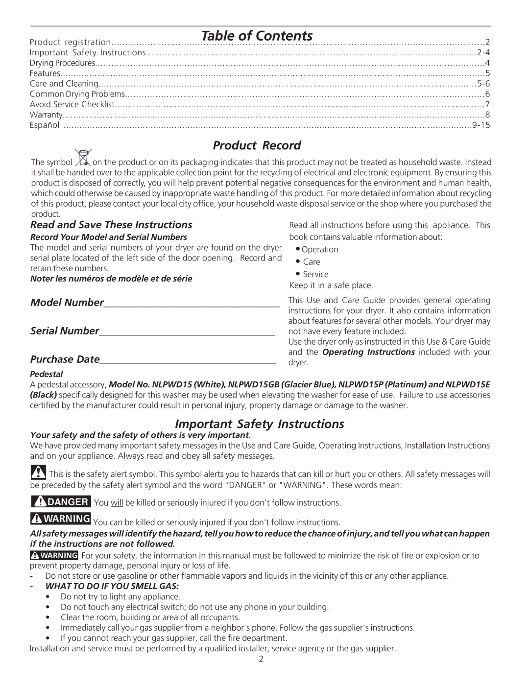 Frigidaire 134674100B manual Table of Contents 