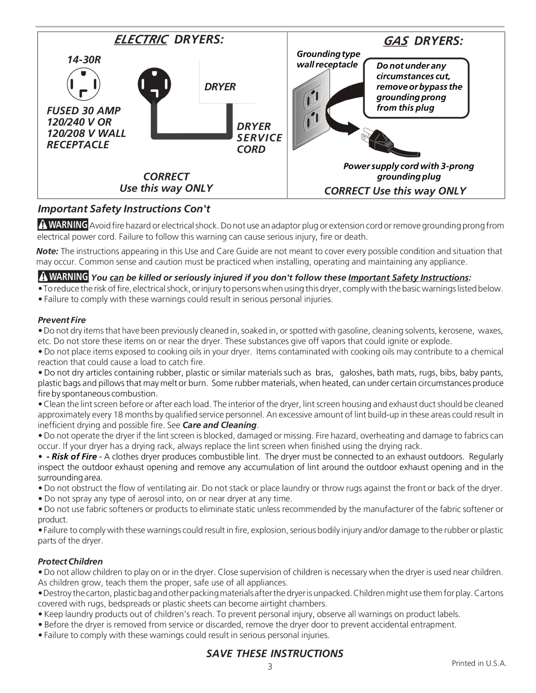 Frigidaire 134674100B manual Fused 30 AMP, Dryer, Service, Receptacle, Cord, Correct 