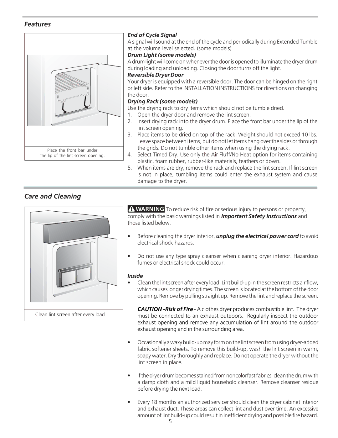 Frigidaire 134674100B manual Features, Care and Cleaning 