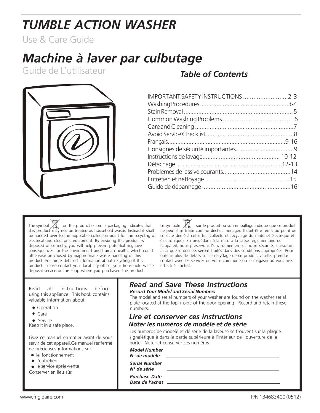 Frigidaire 134683400 important safety instructions Table of Contents, Englishenglish 