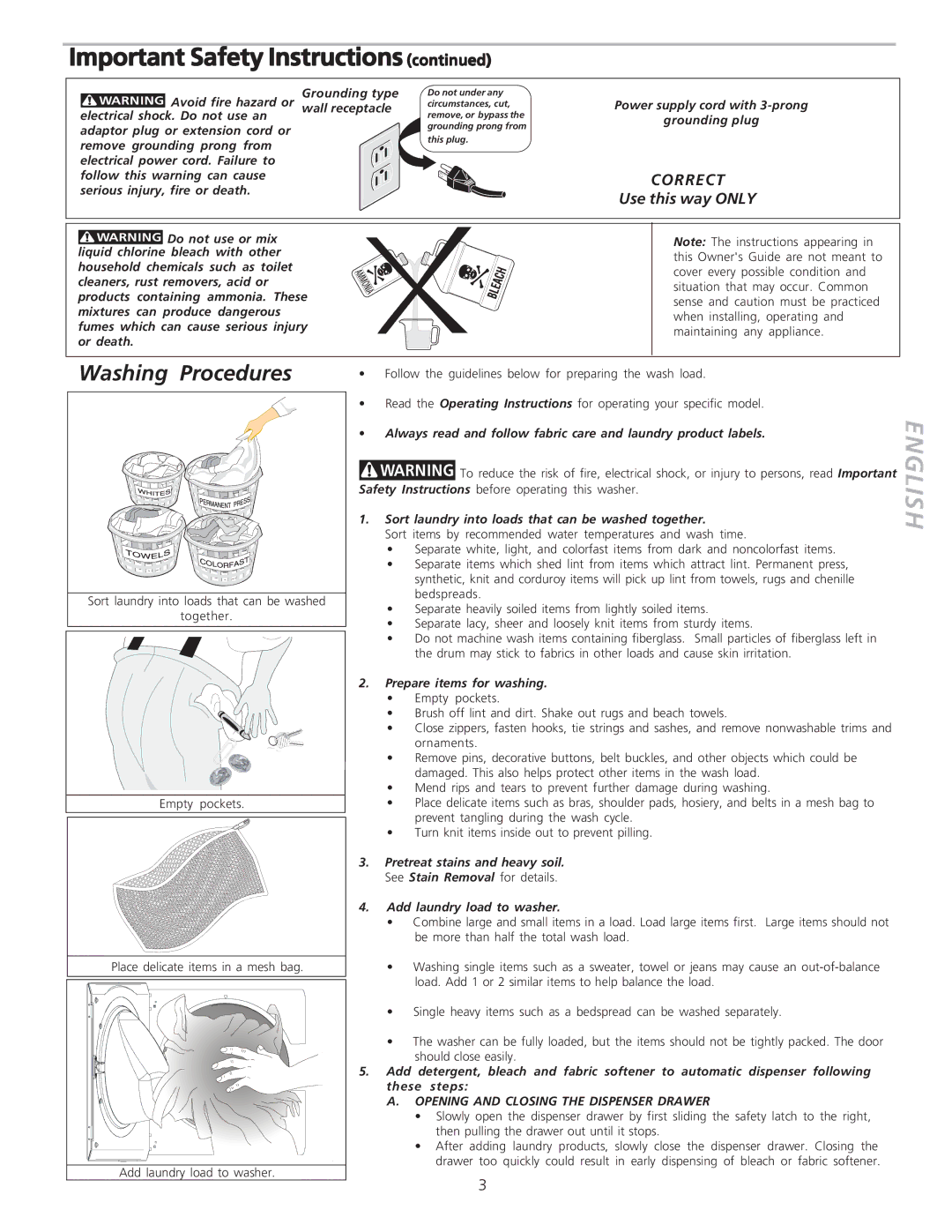 Frigidaire 134683400 Important Safety Instructions, English, Washing Procedures, Correct, Use this way only 