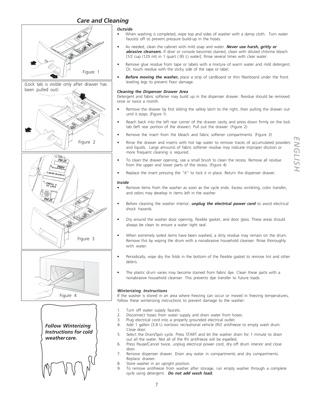 Frigidaire 134683400 important safety instructions Care and Cleaning, Follow Winterizing Instructions for cold weather care 