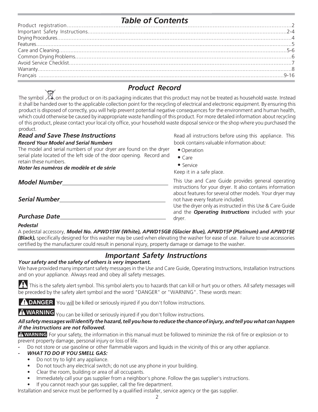 Frigidaire 134760600A manual Table of Contents 