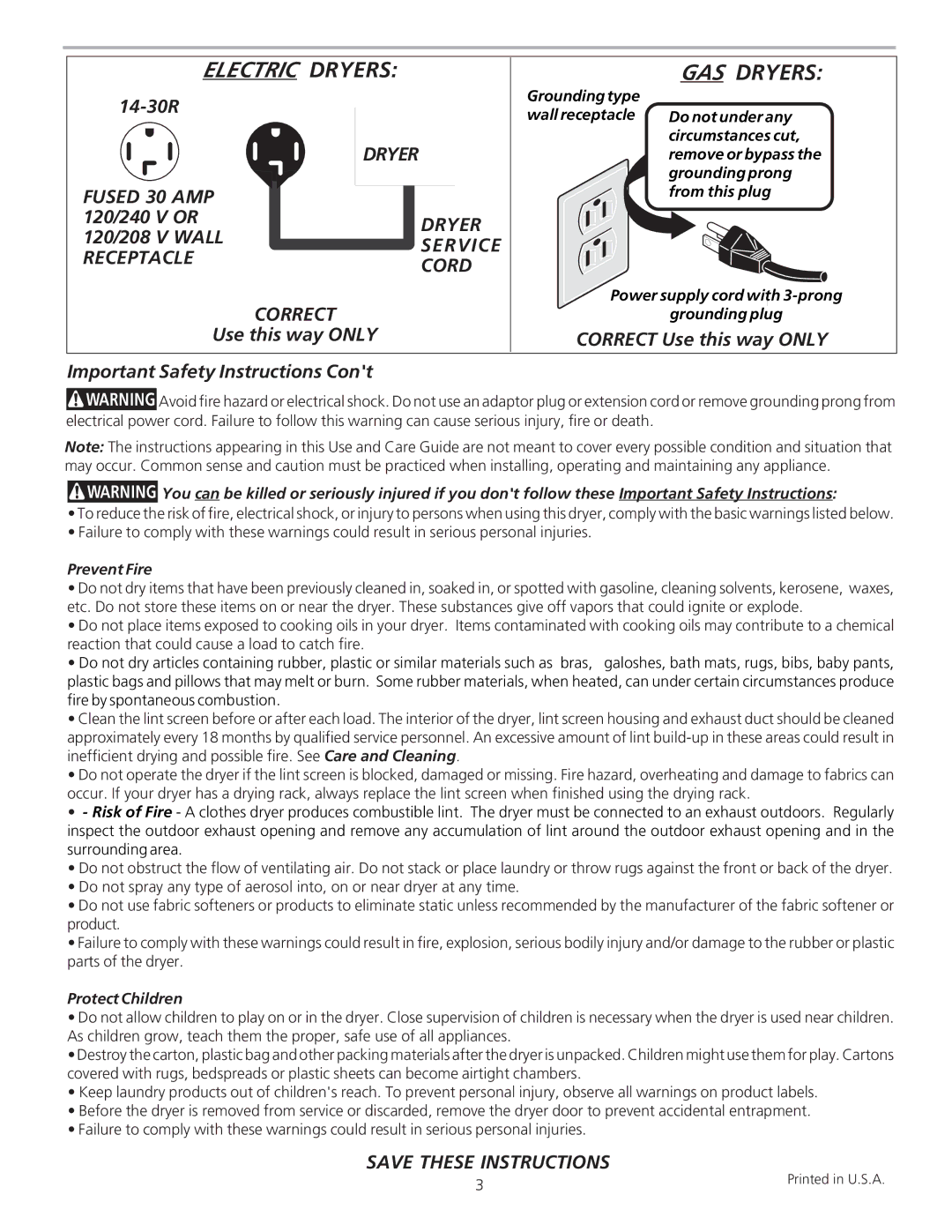 Frigidaire 134760600A manual Fused 30 AMP, Dryer, Service Receptacle Cord 