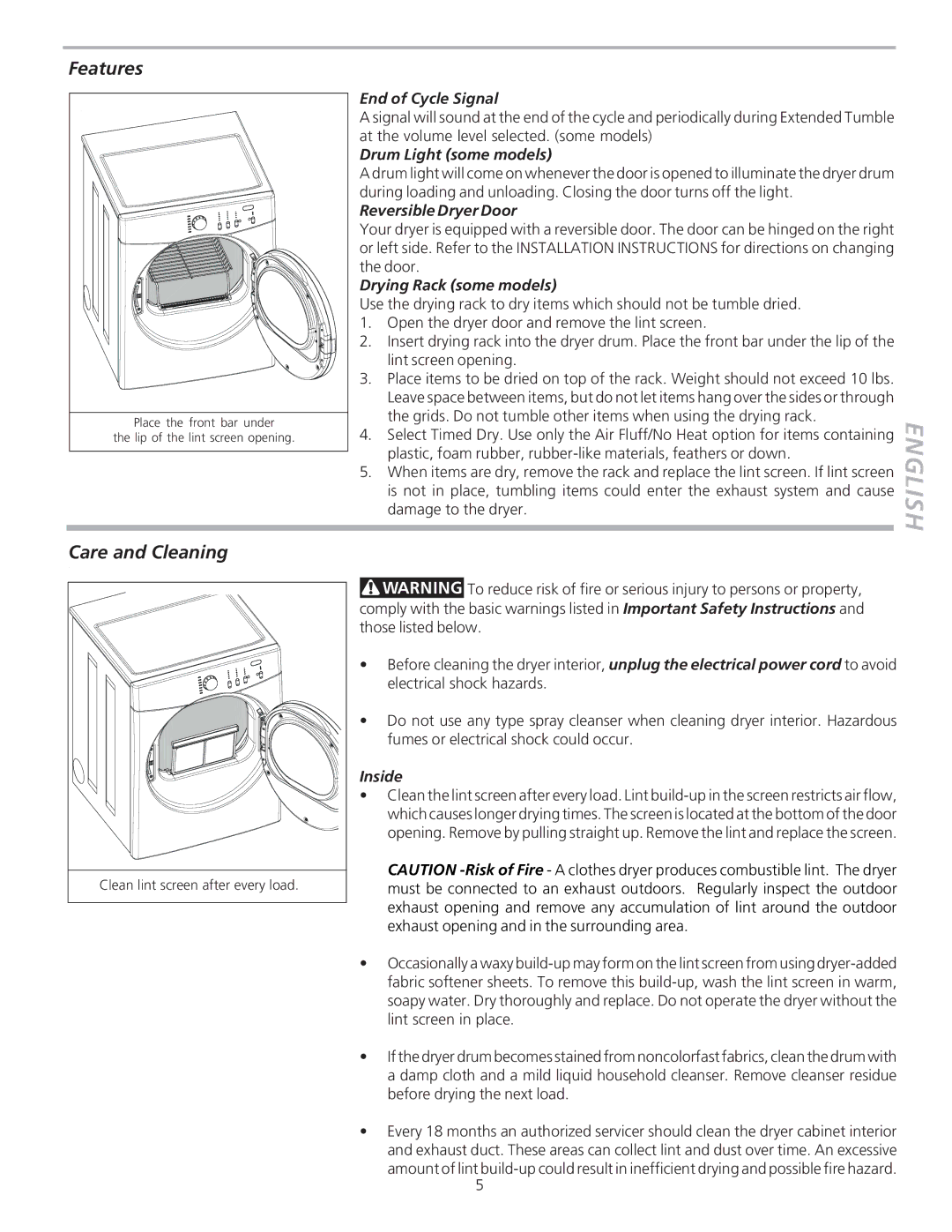 Frigidaire 134760600A manual Features, Care and Cleaning 