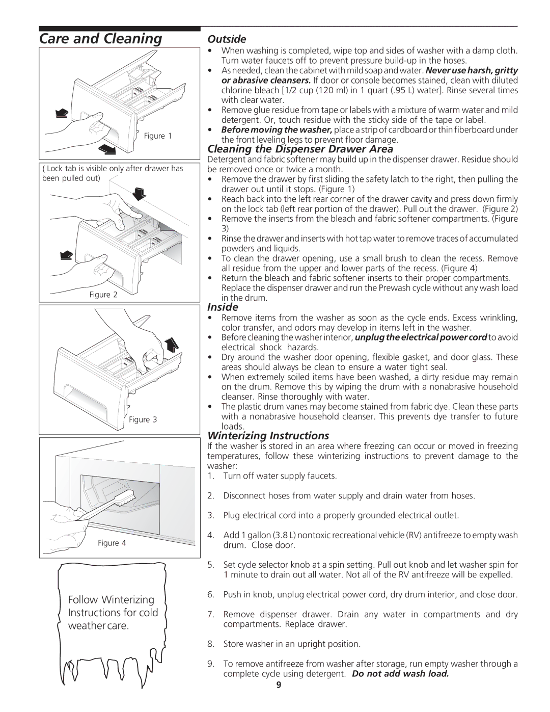 Frigidaire 134778700 Care and Cleaning, Outside, Cleaning the Dispenser Drawer Area, Inside, Winterizing Instructions 