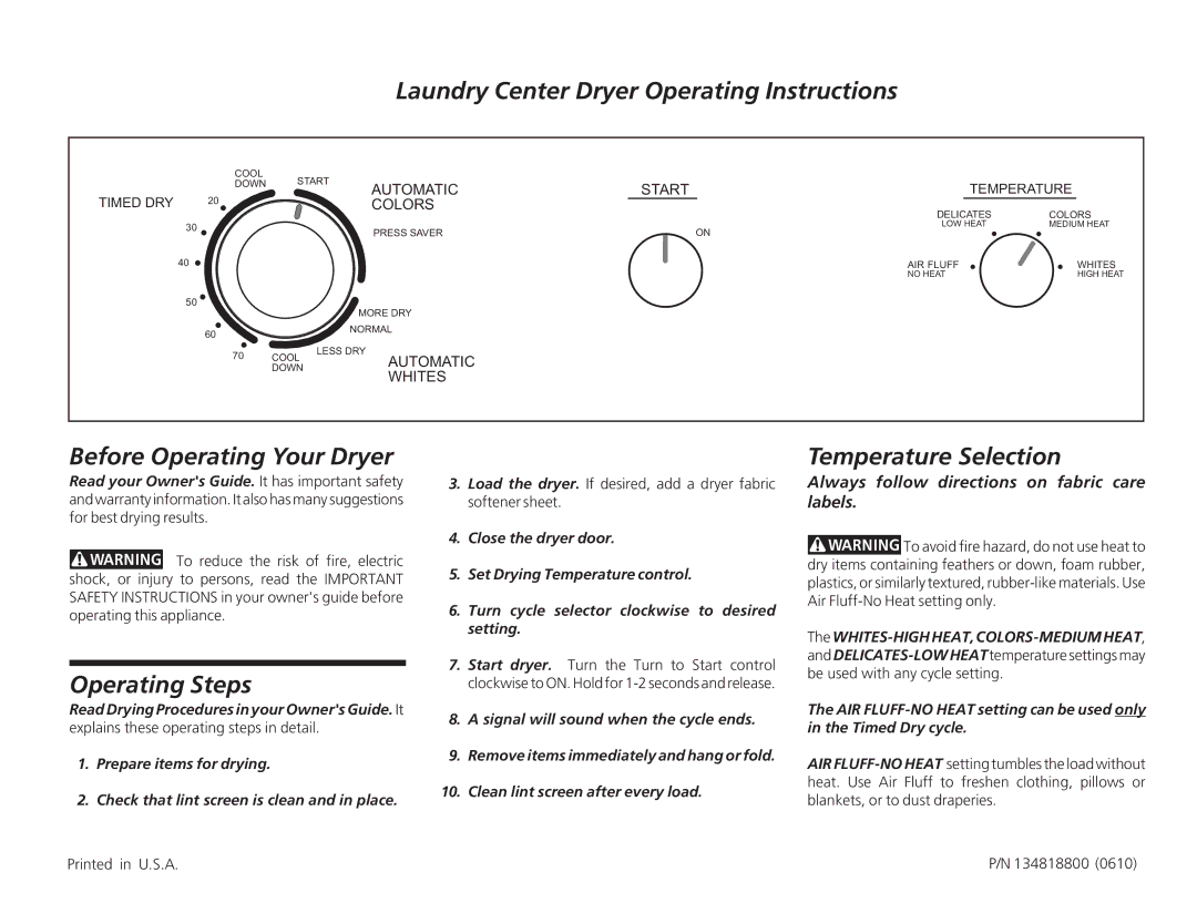 Frigidaire 134818800 (0610) operating instructions Laundry Center Dryer Operating Instructions, Operating Steps 