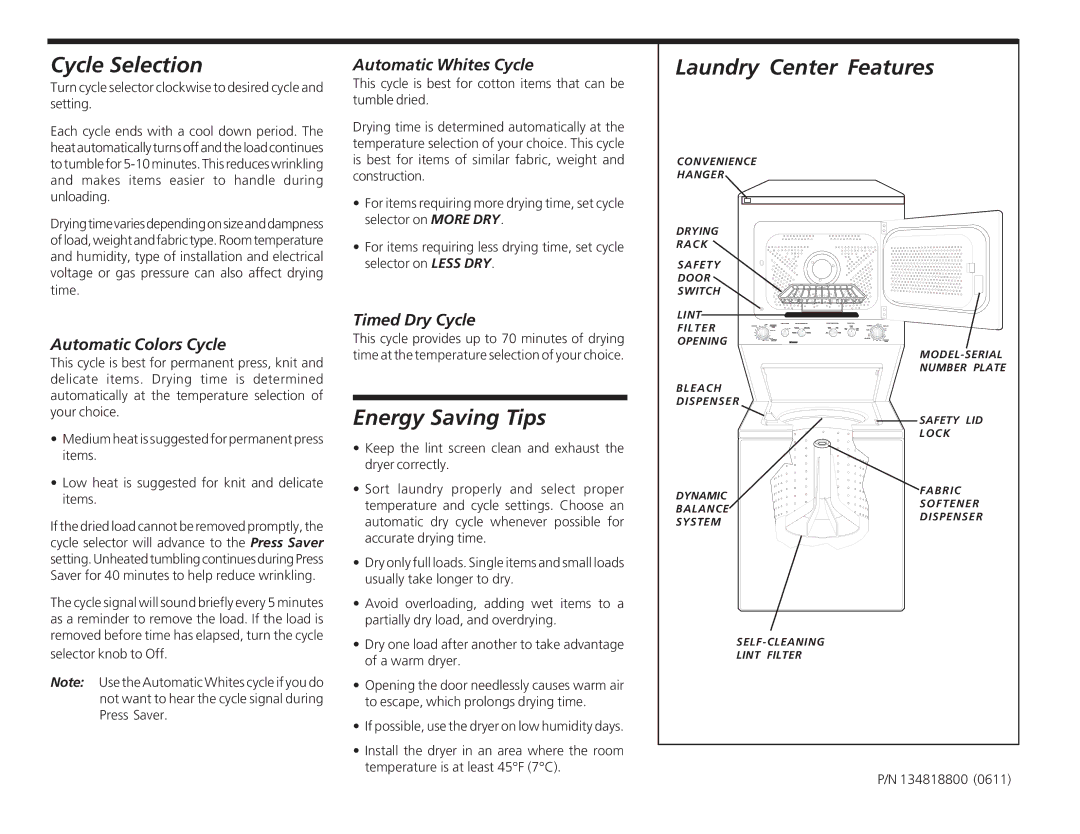 Frigidaire 134818800 (0610) operating instructions Cycle Selection, Energy Saving Tips, Laundry Center Features 