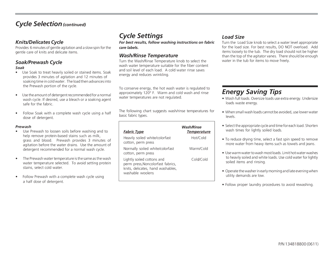 Frigidaire 134818800 (0610) Cycle Settings, Knits/Delicates Cycle, Soak/Prewash Cycle, Wash/Rinse Temperature, Load Size 