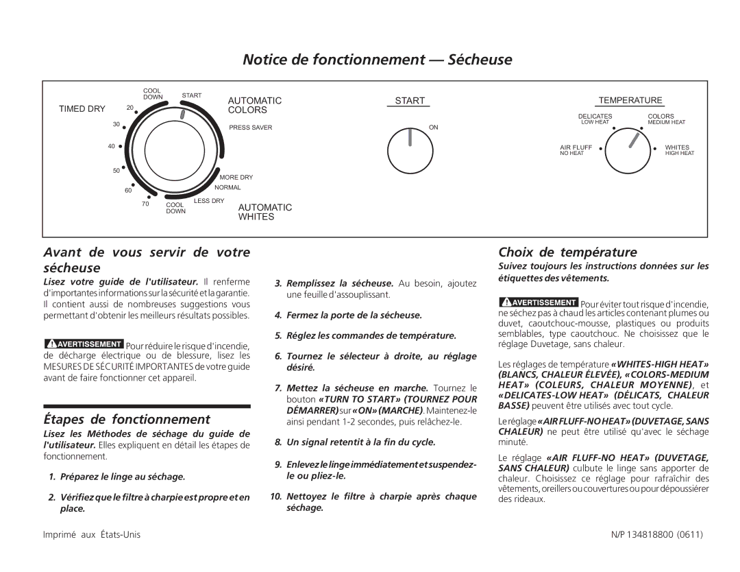 Frigidaire 134818800 (0610) Avant de vous servir de votre sécheuse, Étapes de fonctionnement, Choix de température 