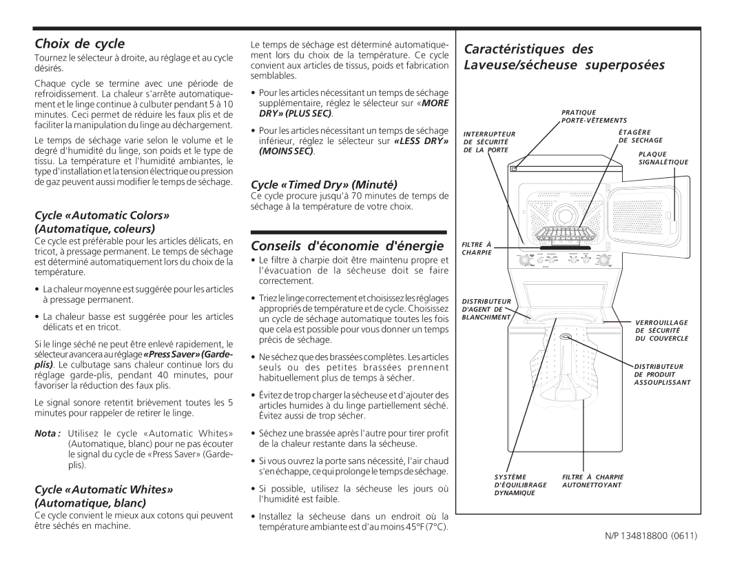 Frigidaire 134818800 (0610) operating instructions Choix de cycle, Conseils déconomie dénergie, Caractéristiques des 