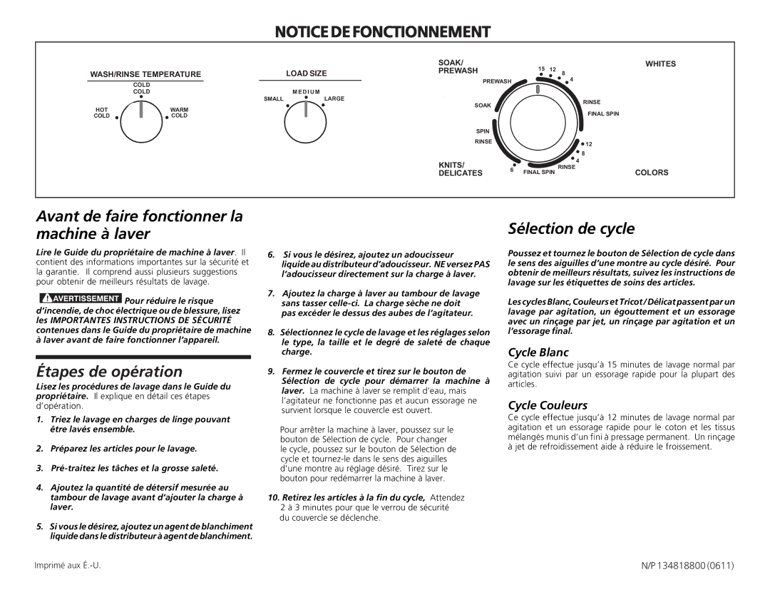 Frigidaire 134818800 (0610) Avant de faire fonctionner la machine à laver, Étapes de opération, Sélection de cycle 