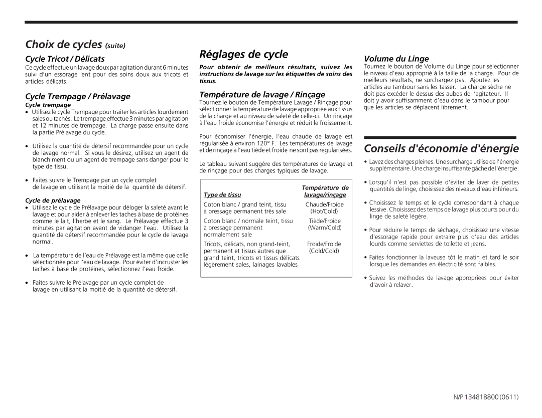 Frigidaire 134818800 (0610) operating instructions Choix de cycles suite, Réglages de cycle, Conseils déconomie dénergie 