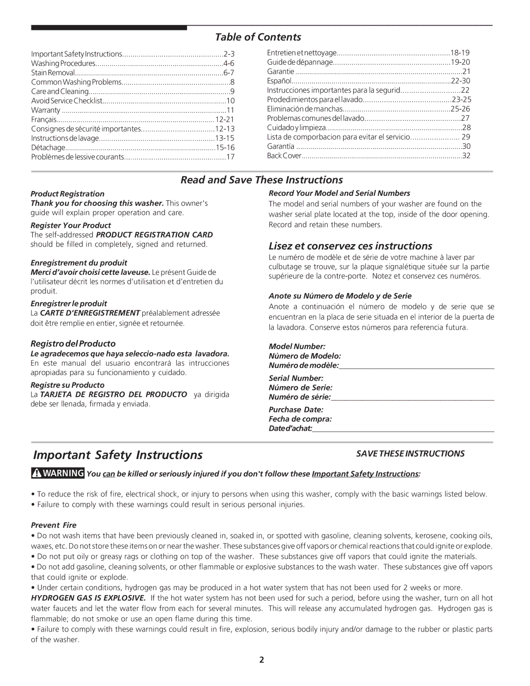 Frigidaire 134837900A manual Important Safety Instructions, Table of Contents, Read and Save These Instructions 