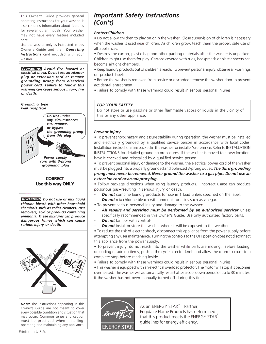 Frigidaire 134837900A manual Cont, Protect Children 