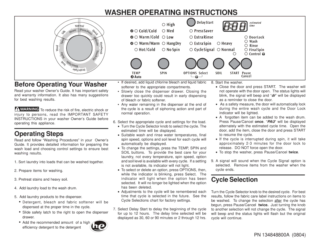 Frigidaire 134848800A operating instructions Washer Operating Instructions, Before Operating Your Washer, Operating Steps 