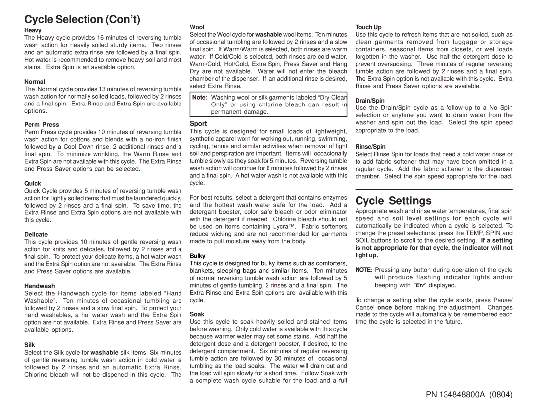 Frigidaire 134848800A operating instructions Cycle Selection Con’t, Cycle Settings 