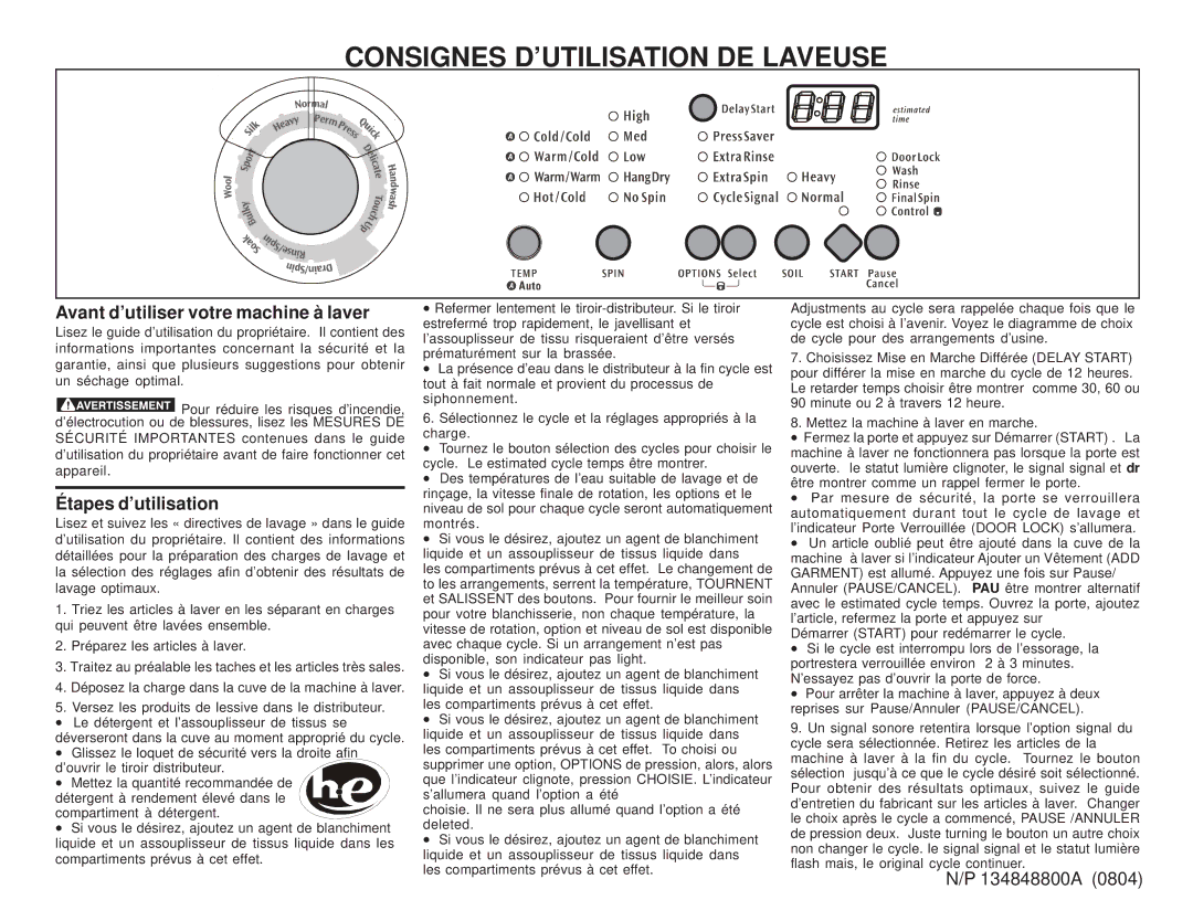 Frigidaire 134848800A Consignes D’UTILISATION DE Laveuse, Avant d’utiliser votre machine à laver, Étapes d’utilisation 