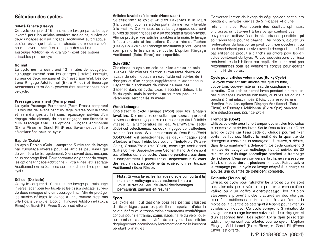 Frigidaire 134848800A operating instructions Sélection des cycles 