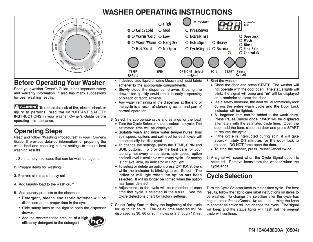 Frigidaire 134848800A operating instructions Washer Operating Instructions, Before Operating Your Washer, Operating Steps 