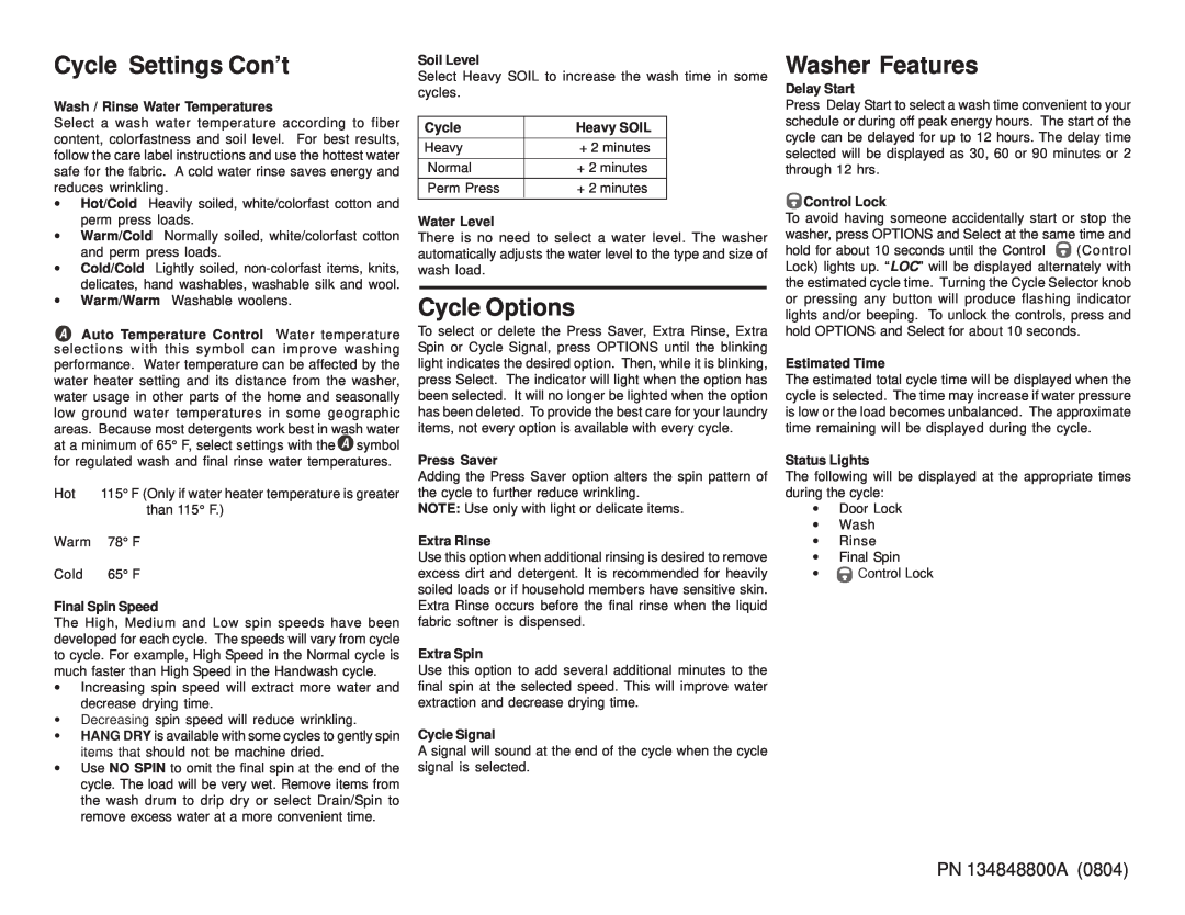 Frigidaire operating instructions Cycle Settings Con’t, Cycle Options, Washer Features, PN 134848800A 