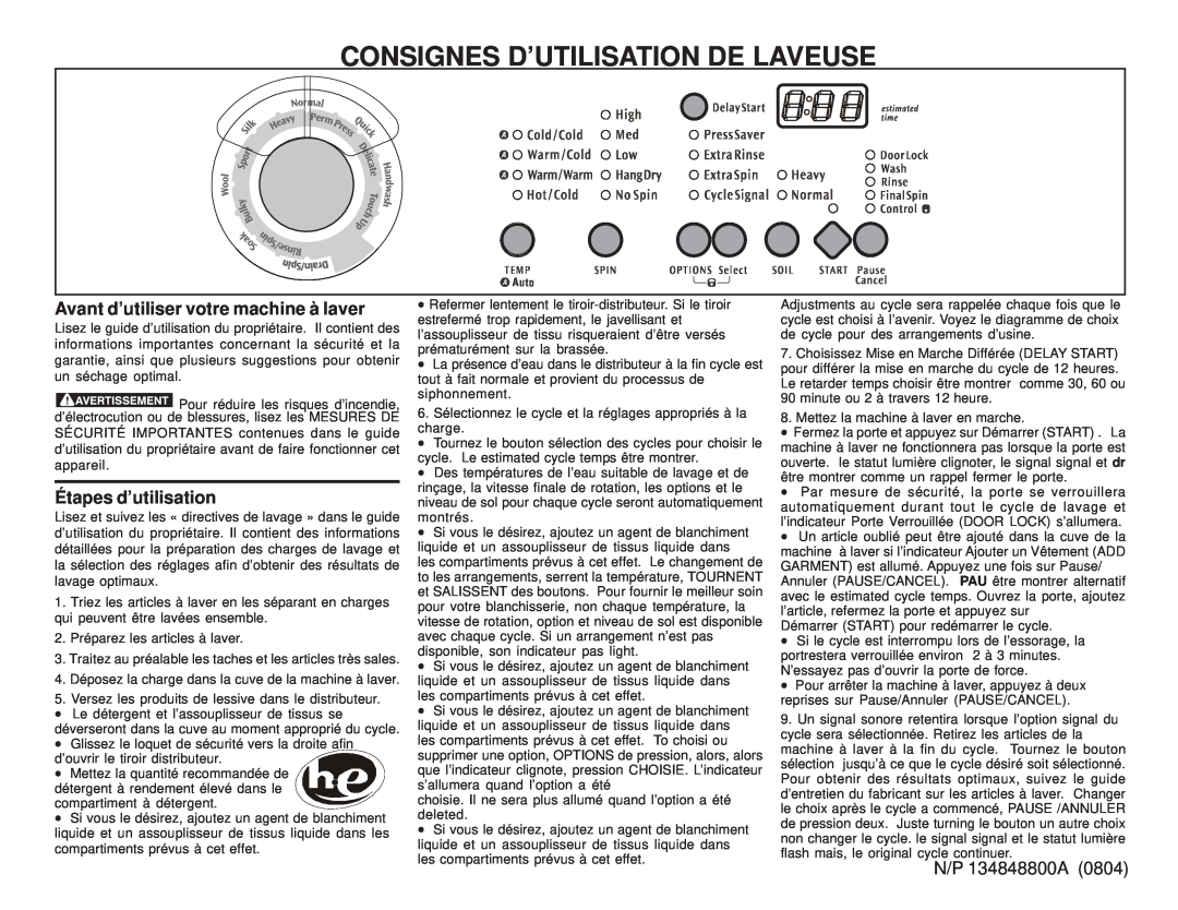 Frigidaire 134848800A Consignes D’Utilisation De Laveuse, Avant d’utiliser votre machine à laver, Étapes d’utilisation 